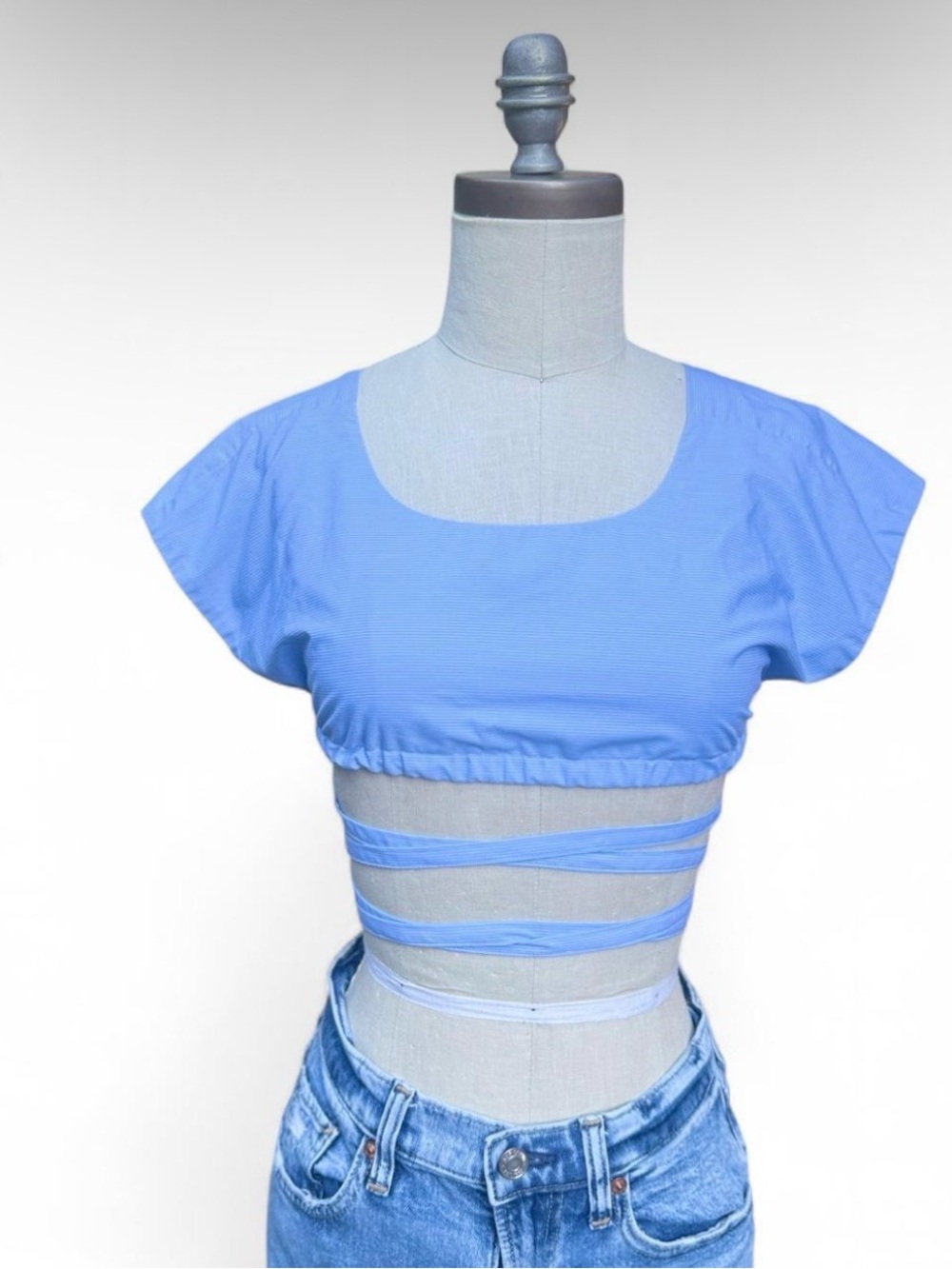 BDG pinstripe micro crop Light Blue long waist ties small